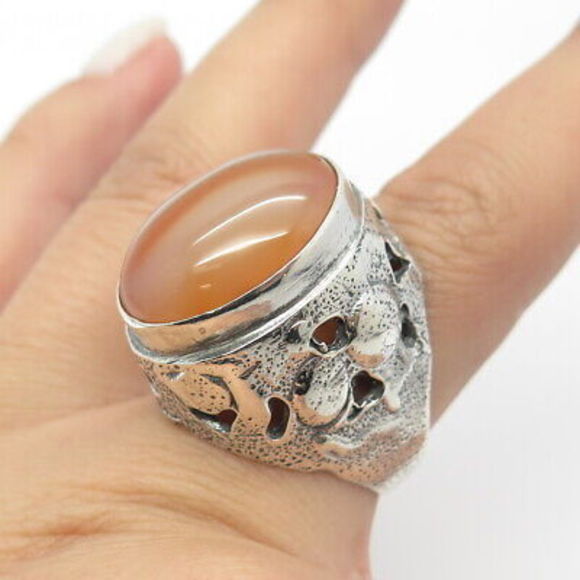 925 Sterling Silver Vintage Real Agate Gem Adjustable Ring Size 7-9 - Picture 2 of 8